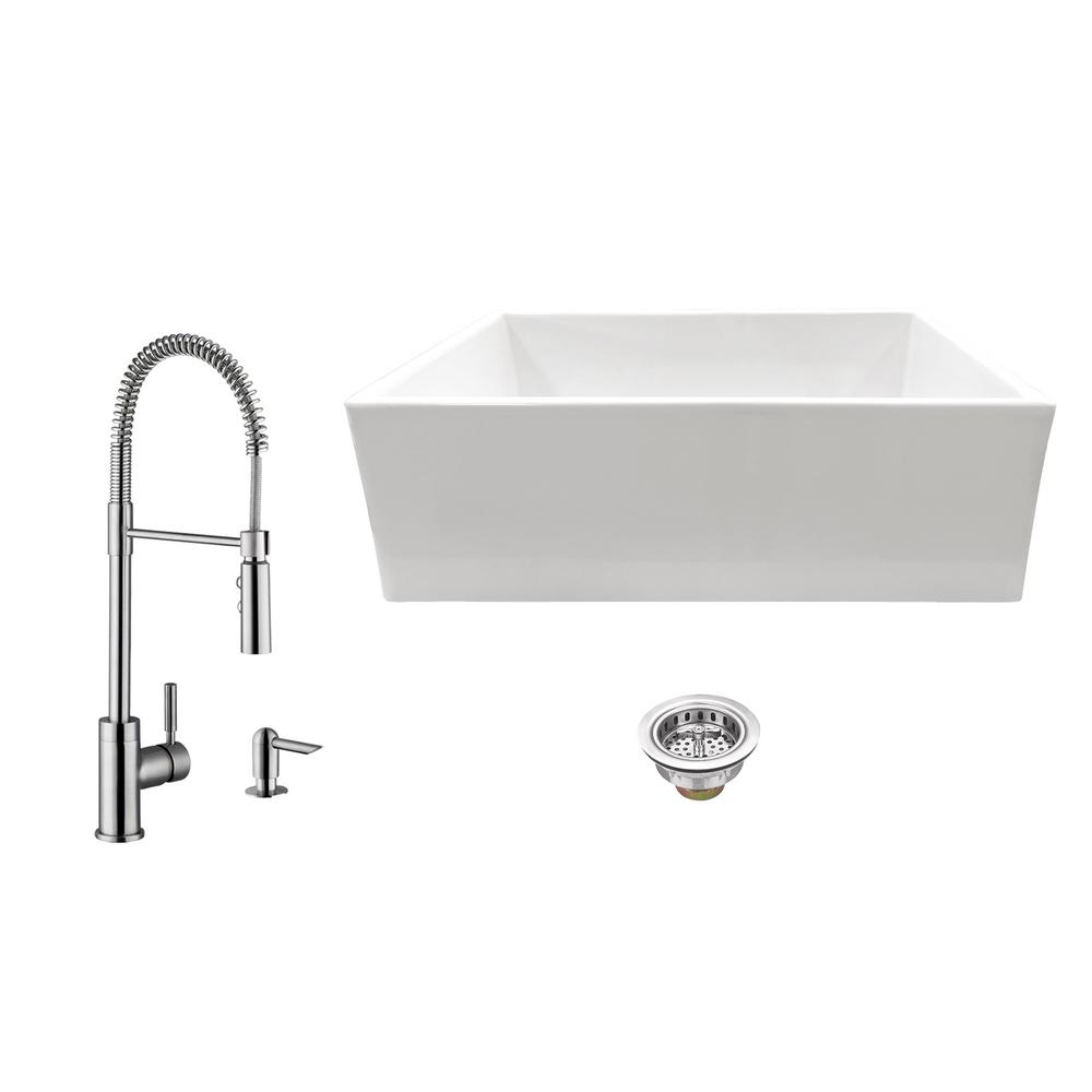 Ipt Sink Company All In One Apron Front Fireclay 30 In Single Bowl Kitchen Sink With Faucet And Strainer In White