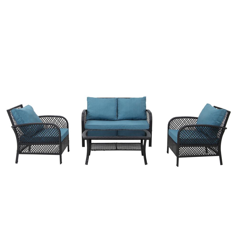 Boyel Living Black 4 Pieces Pe Rattan Wicker Outdoor Patio Furniture Sets With Coffee Table And Blue Cushions Wfhz021 Bl The Home Depot