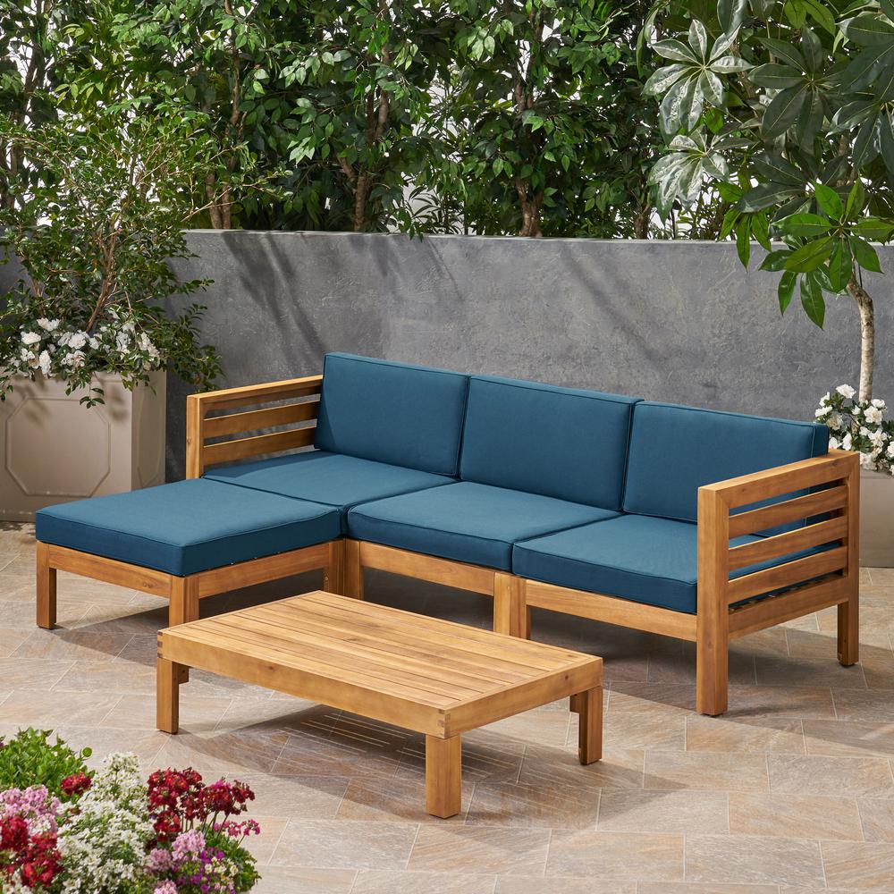 Noble House Cambridge Teak Brown 5 Piece Acacia Wood Patio Conversation Sectional Seating Set With Dark Teal Cushions 65591 The Home Depot