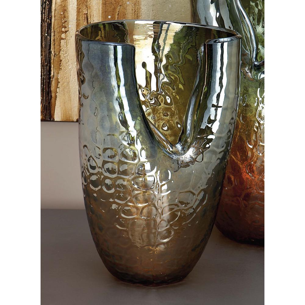 11 in. Iridescent Glass Decorative Vase in Golden Orange and Green