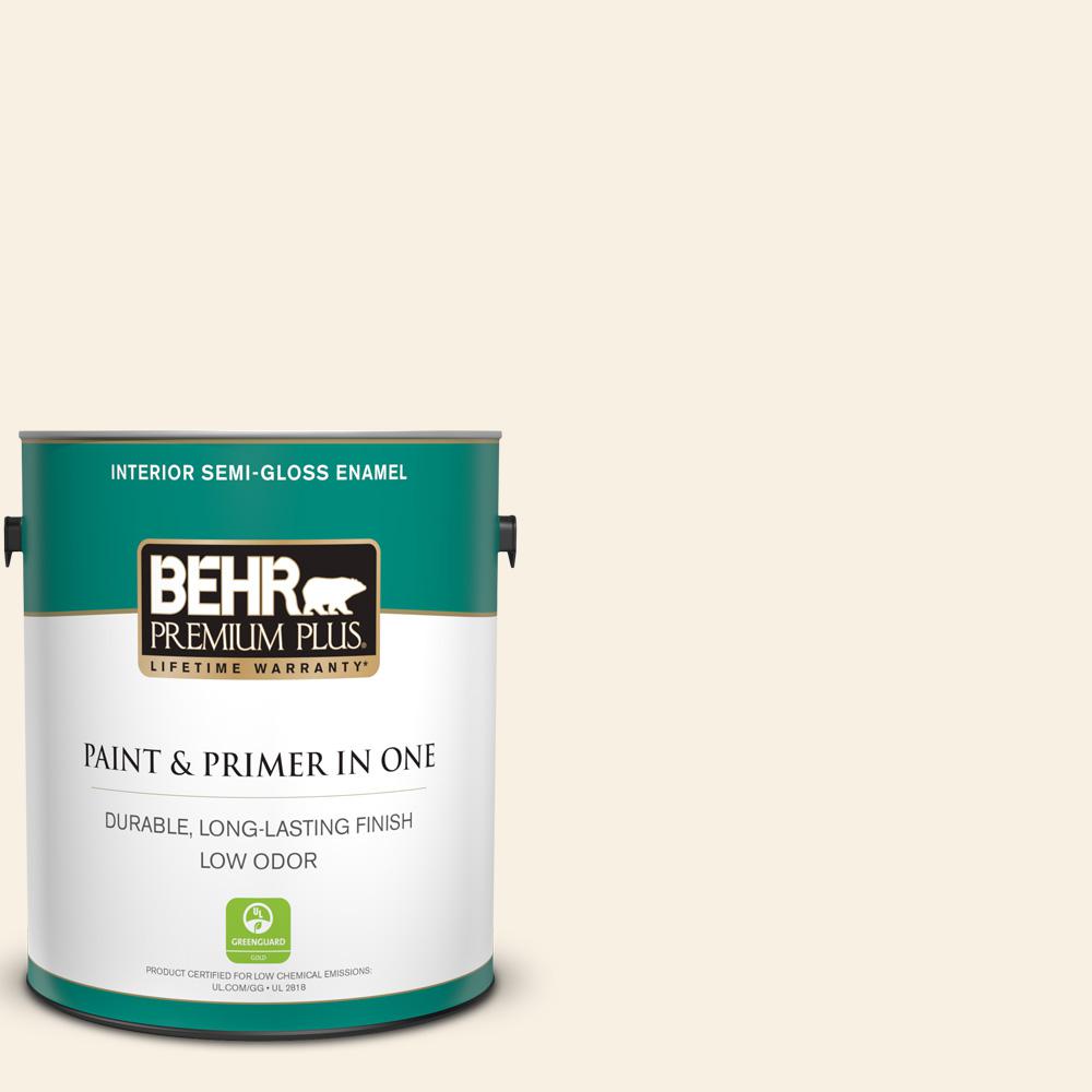 BEHR PREMIUM PLUS 1 gal. WD710 Creamy White SemiGloss Enamel Low