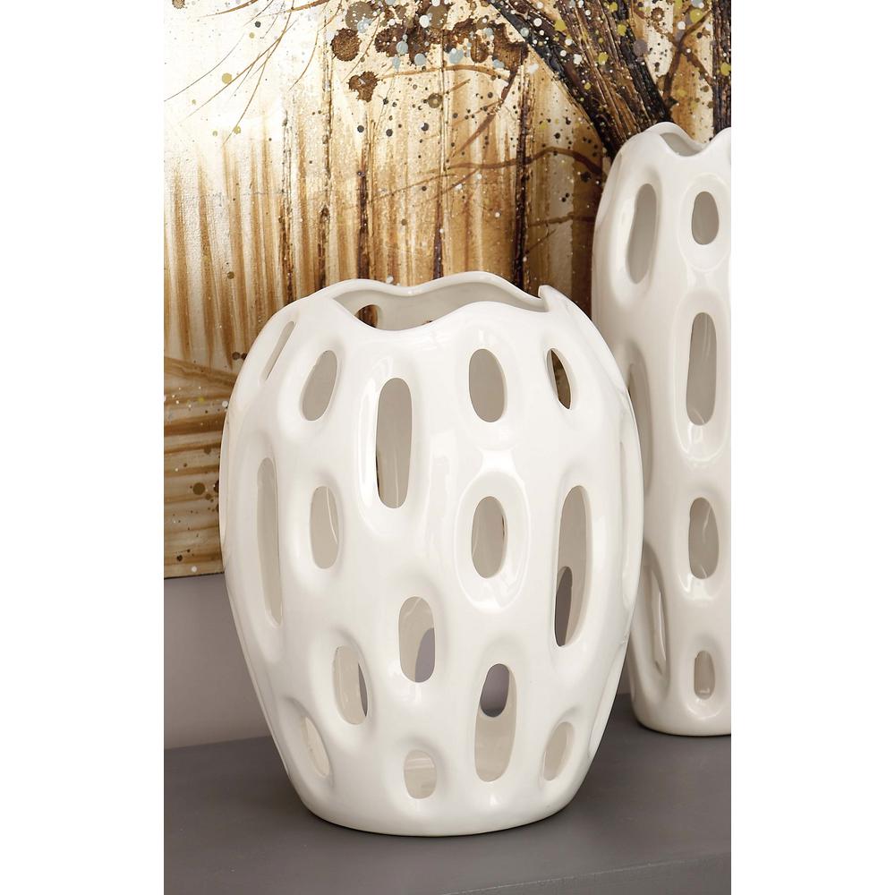 Litton Lane 13 In Sunken Oval Lacquered White Ceramic Decorative Sunken Oval Lacquered White Ceramic Decorative Vase