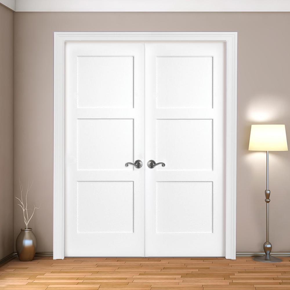 Steves Sons 60 In X 80 In 3 Panel Equal Shaker White Primed Solid Core Wood Double Prehung Interior Door With Nickel Hinges