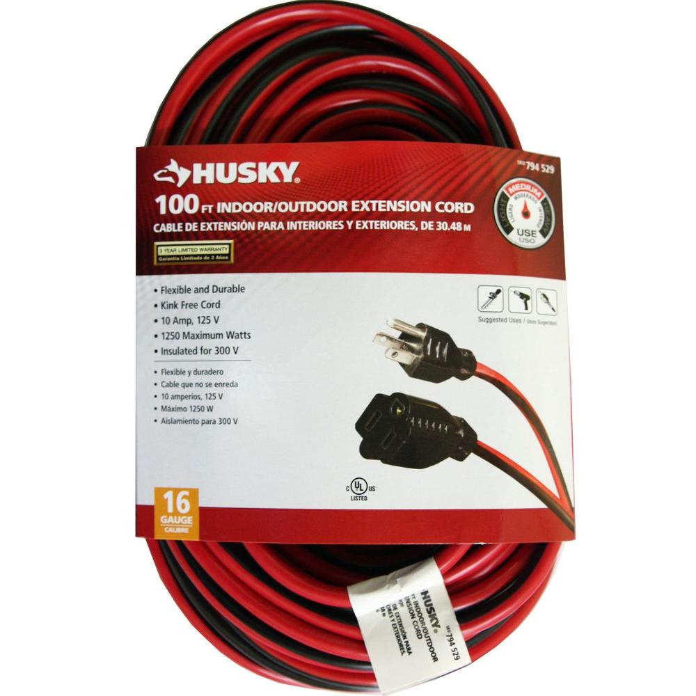 Husky 100 ft. 16/3 Medium-Duty Indoor/Outdoor Extension Cord, Red and Black, Red/Black