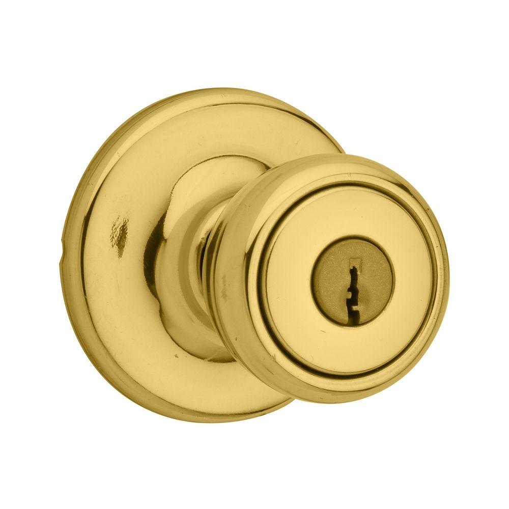 Kwikset Tylo Polished Brass Entry Door Knob 401t 3 Rcal Rcs Ki Bbpkg The Home Depot 8382