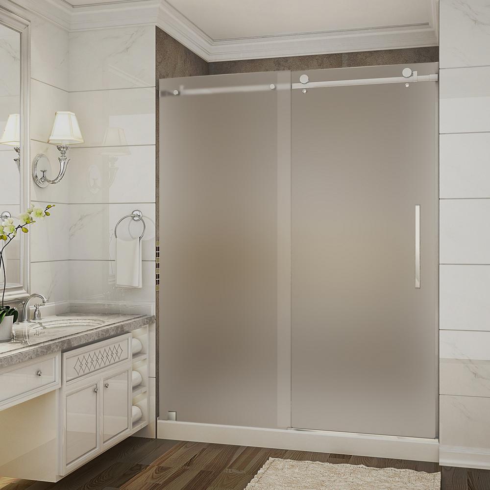 Aston Moe 60 In X 32 77 5 Completely Frameless Sliding Shower Door With Frosted Chrome Right Base