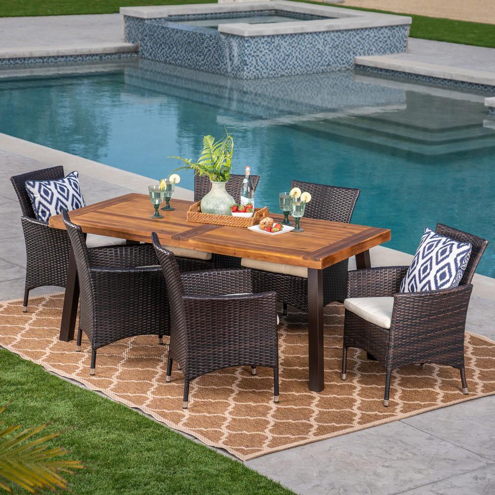 Noble House 7-Piece Wicker, Wood and Iron Rectangular Outdoor Dining