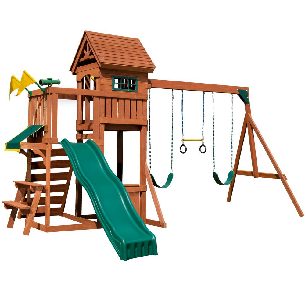 outdoor playhouse with swing