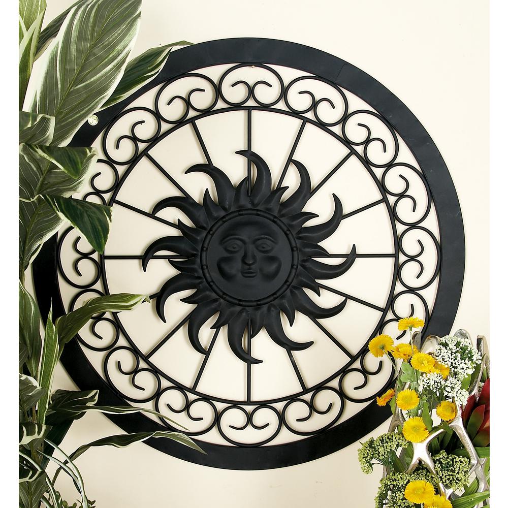 Litton Lane Iron Black Rustic Sun Face Round Framed Metal Wall Decor Litton Lane Iron Black Rustic Sun Face Round Framed Metal Wall Decor