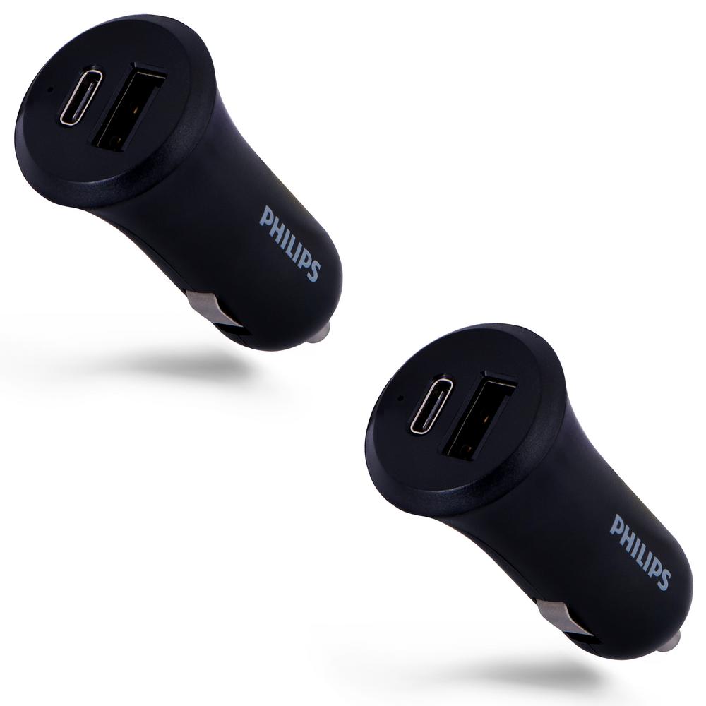 Philips 22.5Watt 2Ports USBC/USBA Cell Phone Car Charger (2Pack