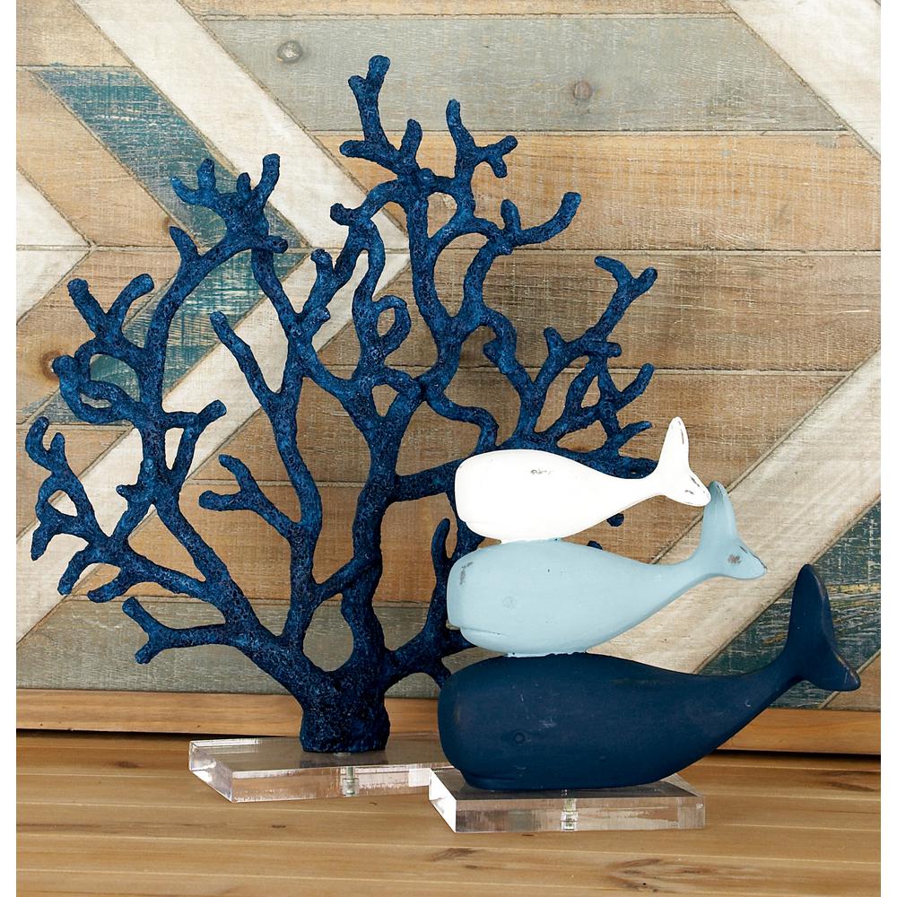 Decmode coastal polystone stacked whales sculpture beach décor, blue
