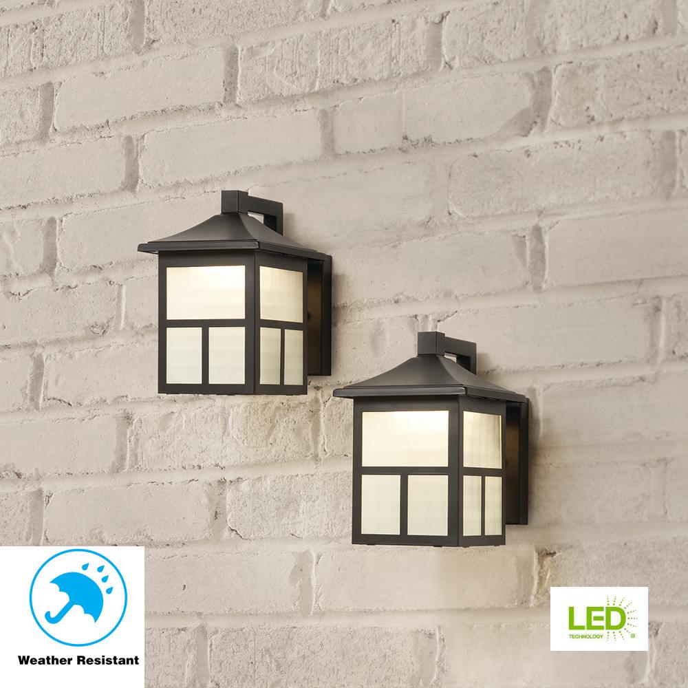 Hampton Bay Transitional Lighting The Home Depot Black Outdoor Integrated Led Wall Mount Lantern 2 Pack