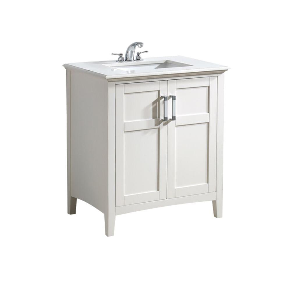 Simpli Home Winston 30 in. Vanity in Soft White with Quartz Marble Vanity Top in White-NL ...