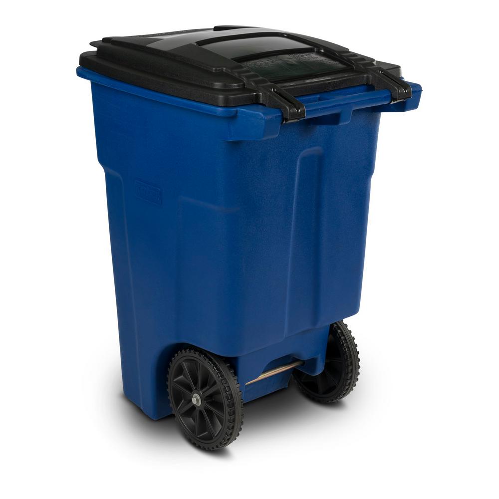 Blue Trash Can w/ Wheels 48 Gal Attached Lid Garbage Bin Rolling Heavy