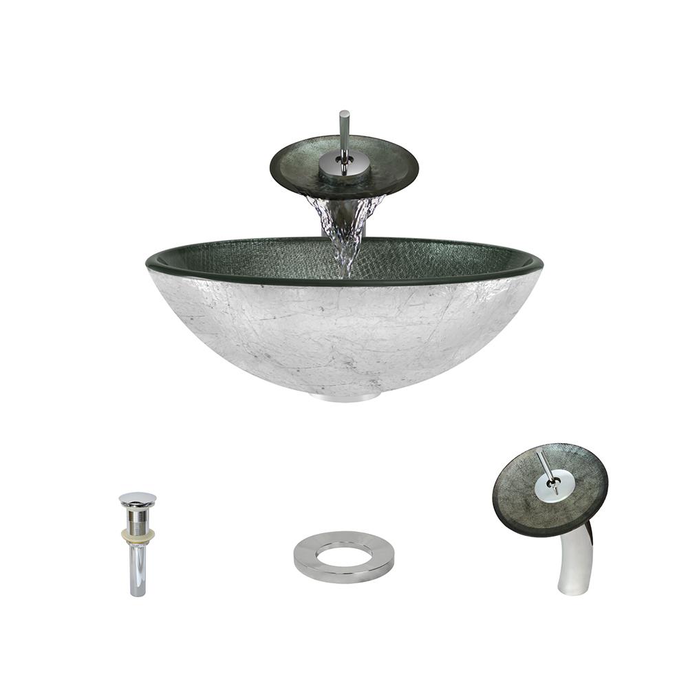 Mr Direct Glass Vessel Sink In Silver Mesh With Waterfall Faucet