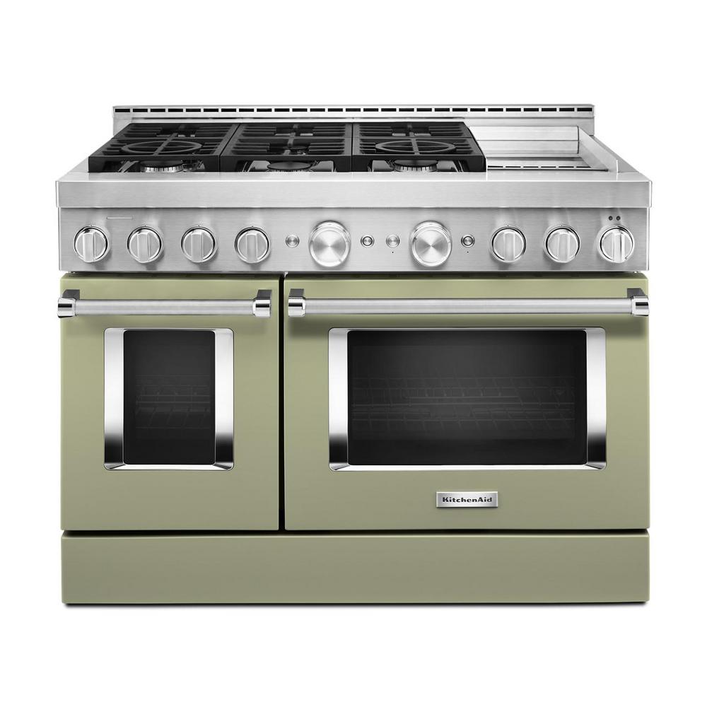 KitchenAid 48 in. 6.3 cu. ft. Smart Double Oven Commercial-Style Gas Range with Griddle and True Convection in Avocado Cream For Sale