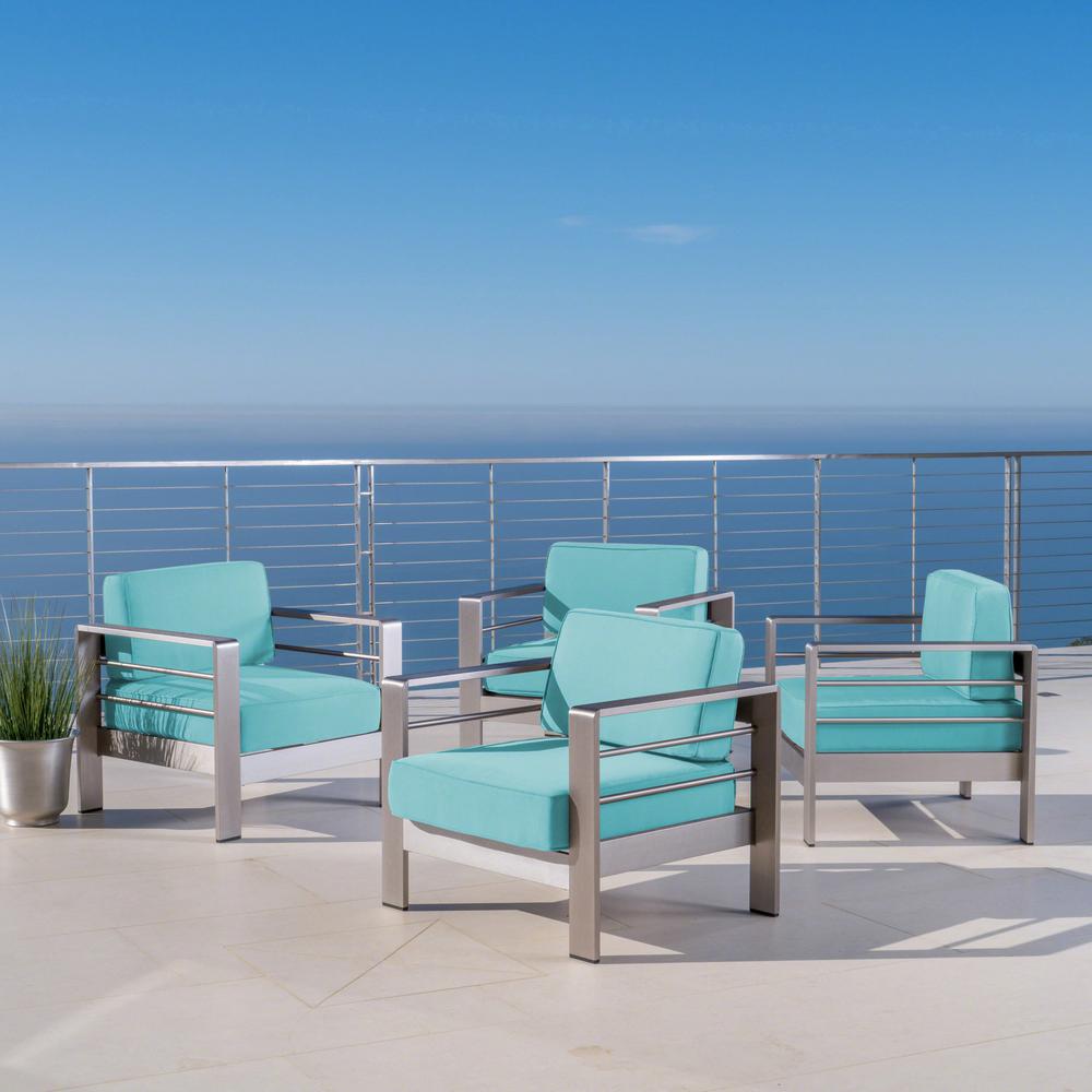 Noble House Cape Coral Silver Armed Metal Outdoor Lounge Chairs With Canvas Aruba Sunbrella Cushions 4 Pack 413 The Home Depot
