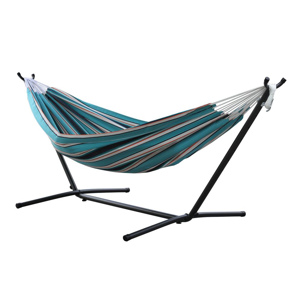 Vivere 9 ft. Sunbrella Double Hammock with stand in Token Surfside by Vivere
