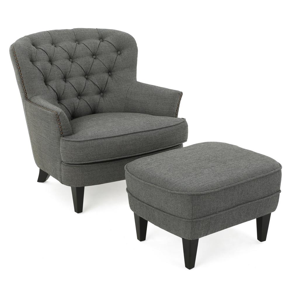 Noble House Tafton Grey Fabric Tufted Club Chair And Ottoman