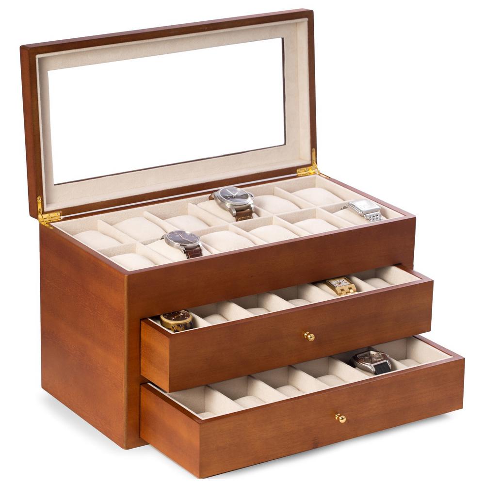 Bey Berk Cherry Wood 36 Watch Box With Glass Top And 2 Drawers