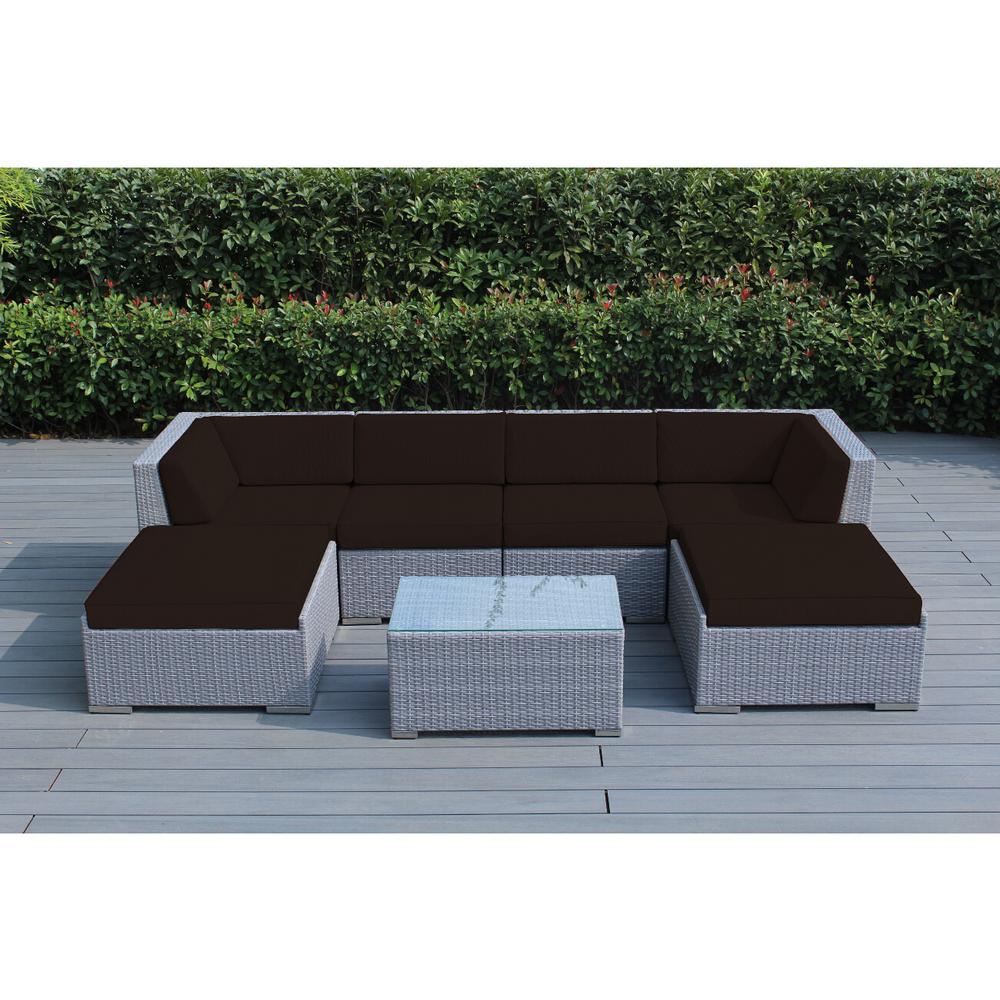 Ohana Depot Gray 7 Piece Wicker Patio Seating Set With Sunbrella Bay Brown Cushions