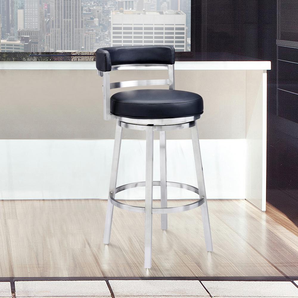 Armen Living Viper 30 Bar Height Swivel Barstool in Grey Faux Leather and Black Wood Finish