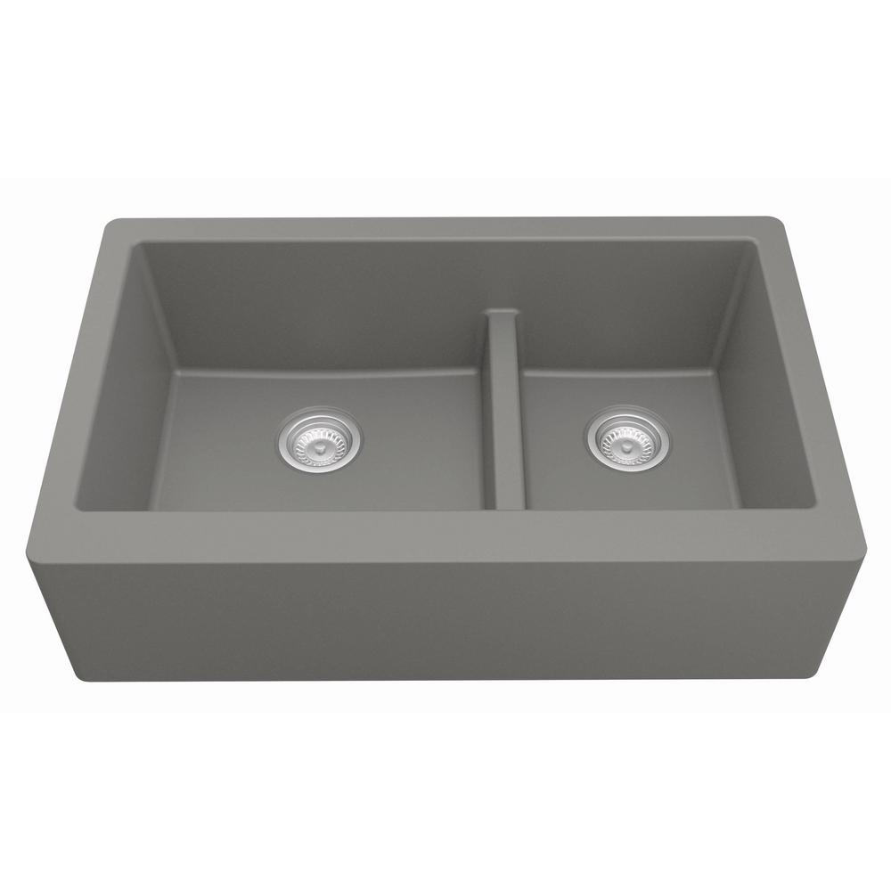 Karran Farmhouse Apron Front Quartz Composite 34 In Double Offset Bowl Kitchen Sink In Grey