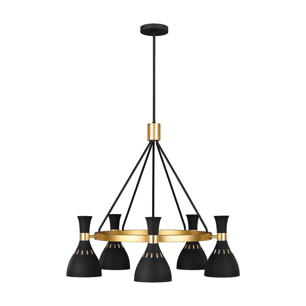 Generation Lighting Designer Collections ED Ellen DeGeneres Joan 5-Light Matte Black Mid-Century Modern Hanging Wagon Wheel Chandelier with Hourglass Shades