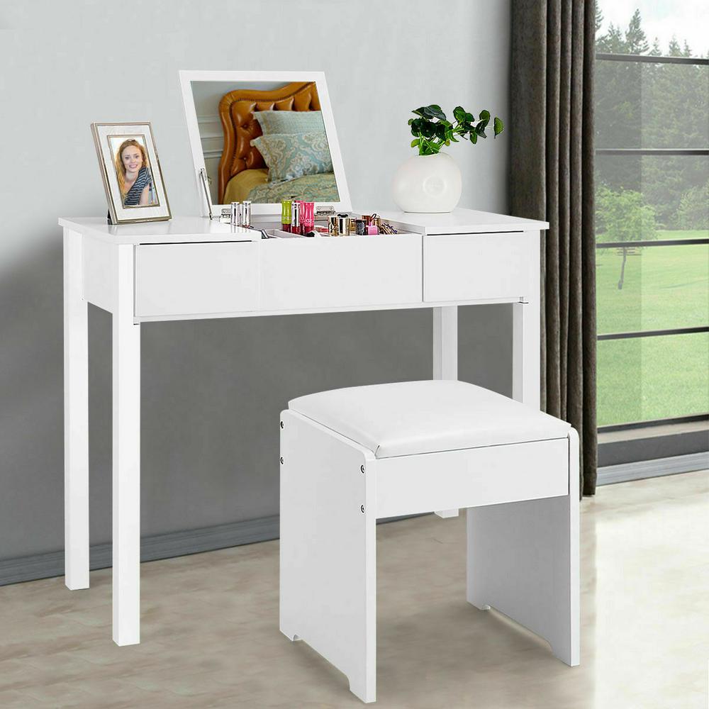 Costway 2 Piece White Vanity Dressing Table Set Mirrored Bedroom