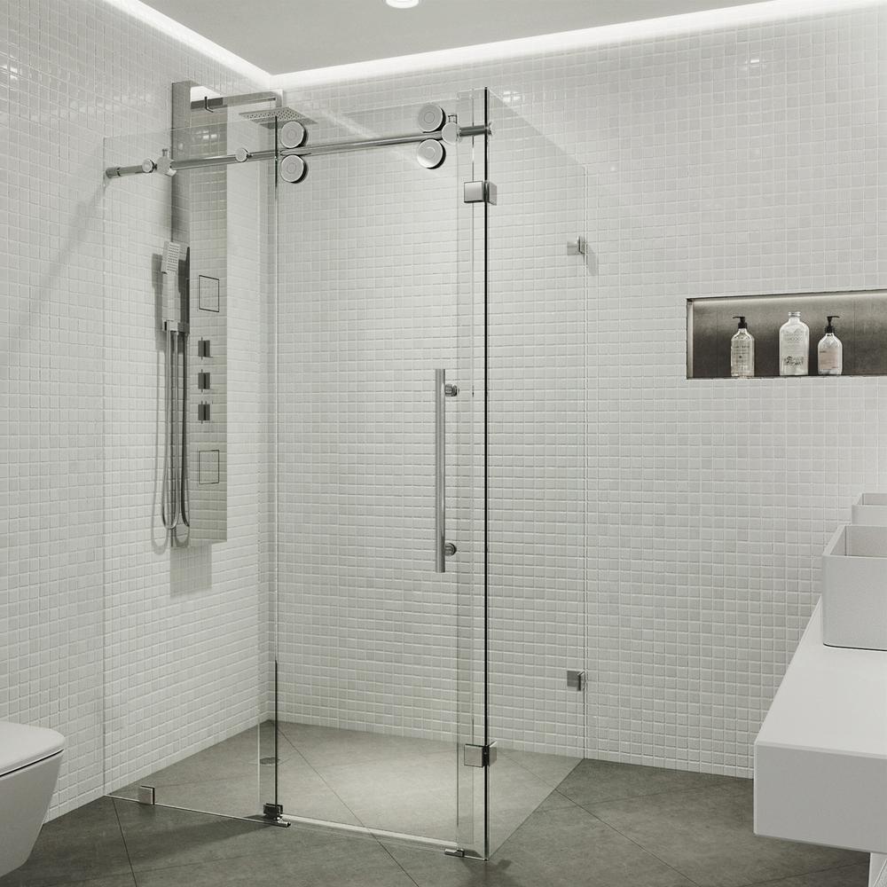 VIGO Winslow 34.625 in. x 74 in. Frameless Corner Bypass Shower Enclosure in Chrome with Clear Glass
