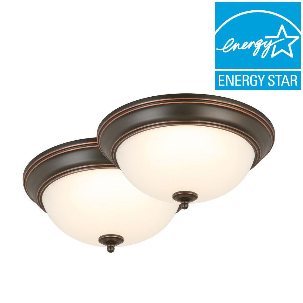 Commercial Electric 14 In Low Profile White Integrated Led Round 180 Watt Equivalent Oil Rubbed Bronze Integrated Led Flushmount With