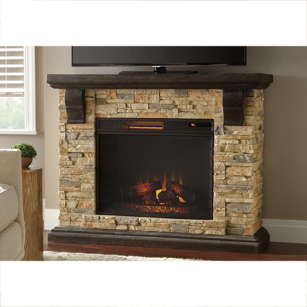 Home Decorators Collection Highland 50 in. Faux Stone Mantel Electric Fireplace in Tan103041 