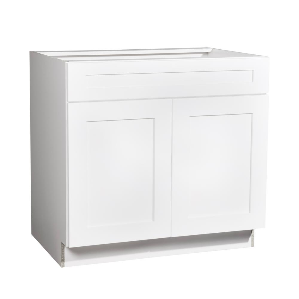 Krosswood Doors Ready to Assemble 36x34.5x23.7 in. Shaker 2 Door Sink Base Cabinet in White with ...