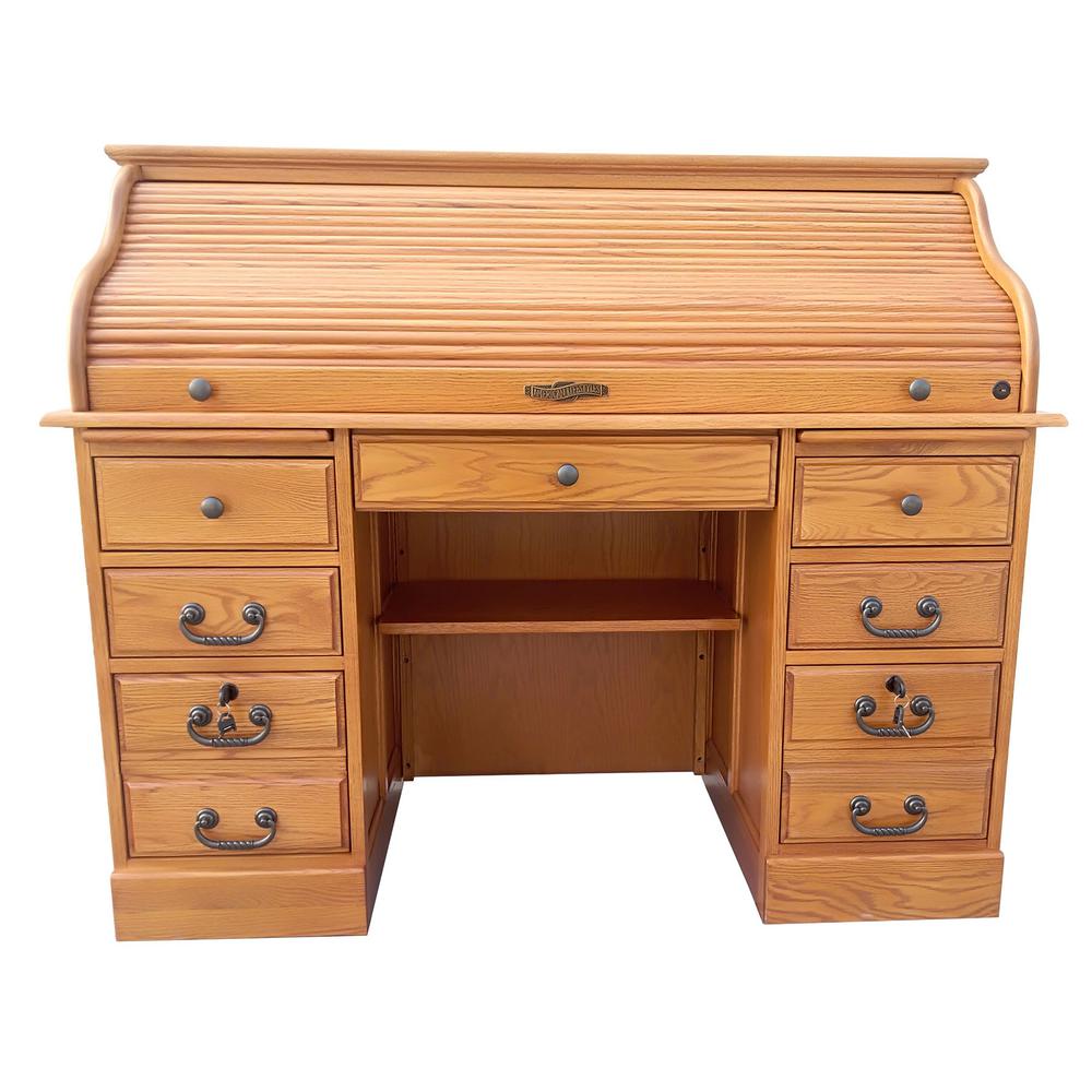 Chelsea Home Furniture 54 In Oak Rectangular 17 Drawer Secretary Desk With Keyboard Tray 828951 D H The Home Depot