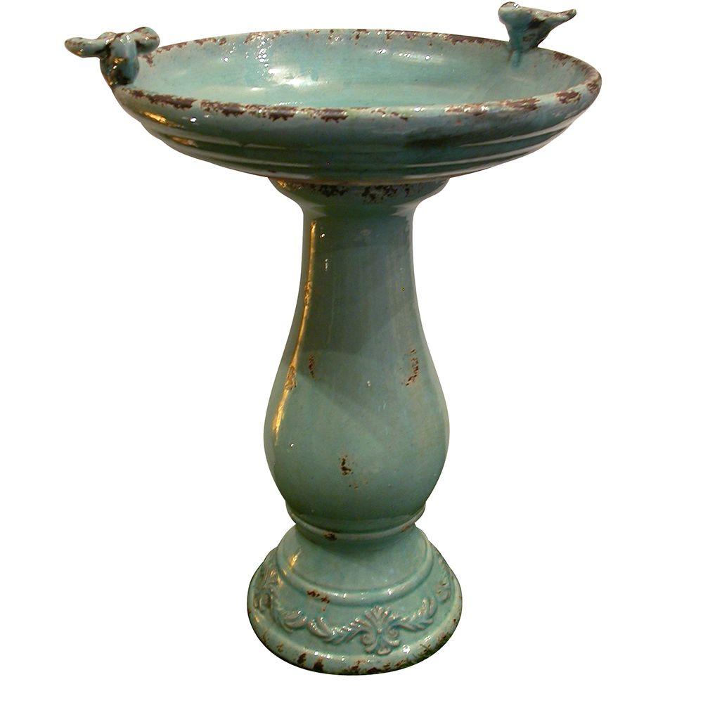 Alpine Corporation 25 in. Turquoise Antique Ceramic BirdbathTLR102TUR