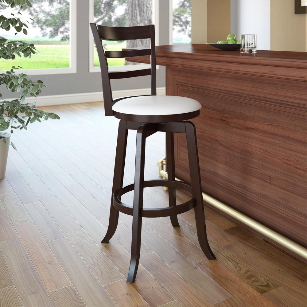 Corliving Woodgrove 29 In Wood Swivel Barstools With White Wood Swivel Barstools With White Leatherette Seat And 3 Slat Backrest