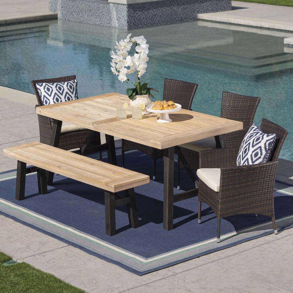 Noble House 6-Piece Wicker, Wood and Iron Rectangular Outdoor Dining