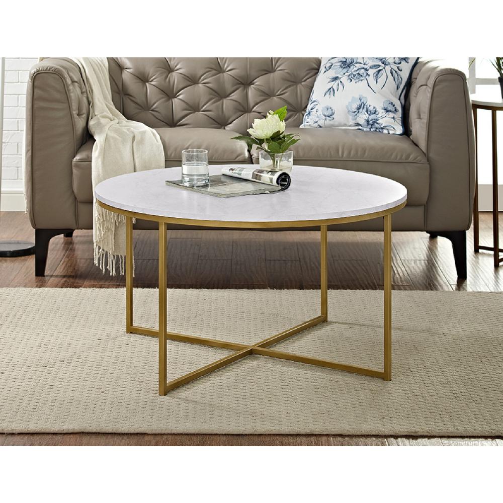 Walker Edison Furniture Company 36 in. Marble/Gold Coffee Table with X