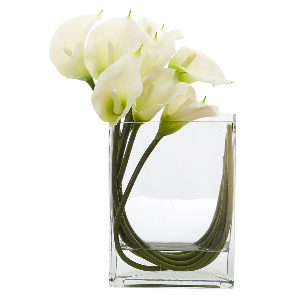 Nearly Natural 12 in. High White Calla Lily in Rectangular Glass Vase Artificial Arrangement 