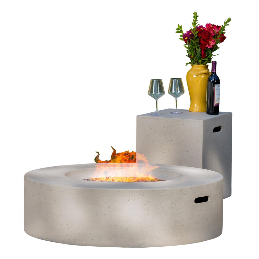 Noble House Aidan 39 In X 11 47 Round Mgo Gas Fire Pit Table Round Mgo Gas Fire Pit Table In Light Grey 50 000 Btu With Tank Holder