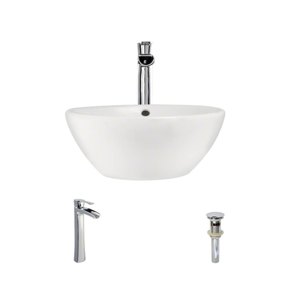 Rene By Elkay Porcelain Vessel Sink in Biscuit with 7007 Faucet and Pop