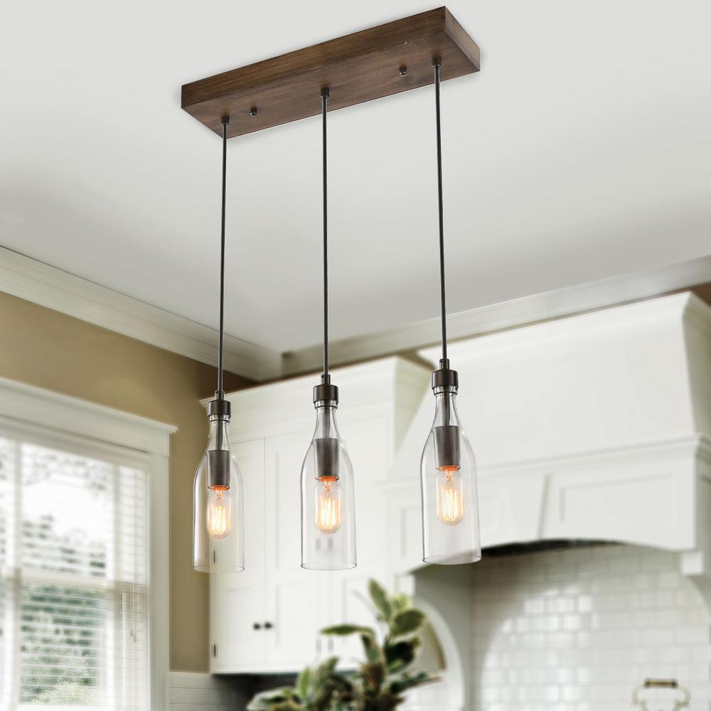 Lnc Salvish 3 Light Bronze Wood Linear Island Chandelier With