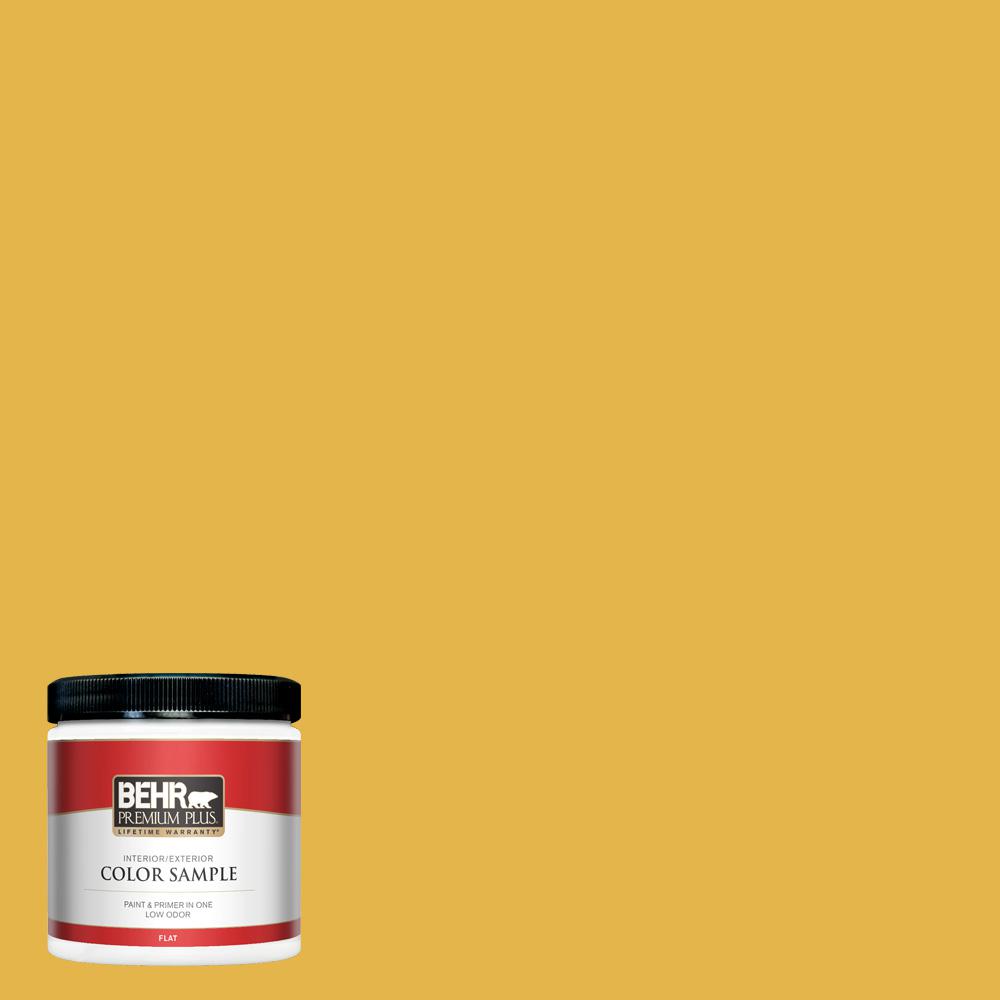 Behr Premium Plus 8 Oz 360d 6 Yellow Gold Flat Interior Exterior Paint And Primer In One Sample