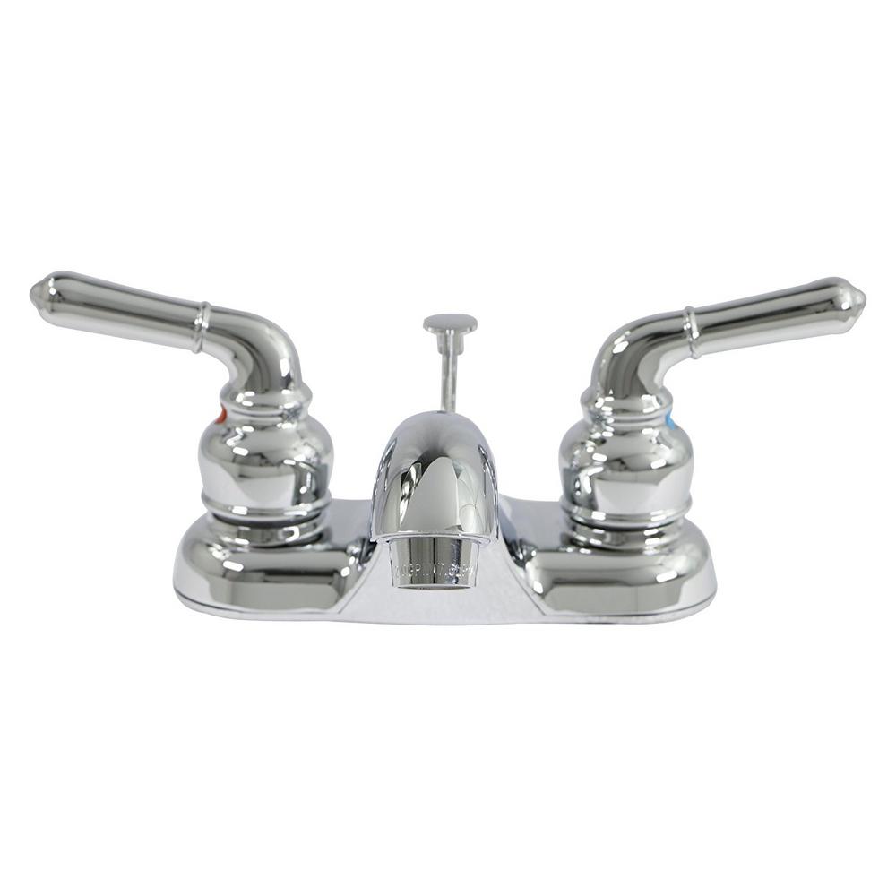 The Plumber S Choice 4 In Centerset 2 Handle Lavatory Bathroom Faucet For Vanity Sink With Brass Pop Up Drain Assembly Chrome Plated 1714601 The Home Depot