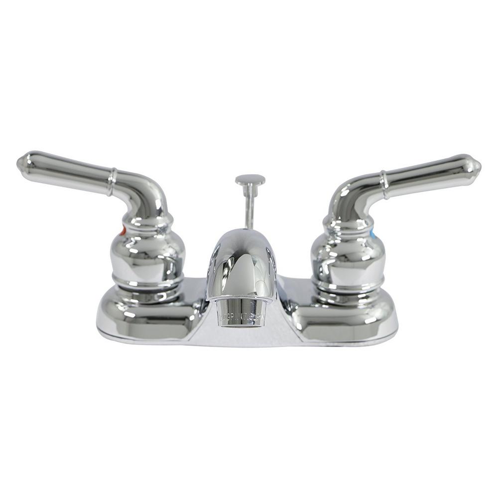 The Plumber S Choice 4 In Centerset 2 Handle Lavatory Bathroom Faucet For Vanity Sink With Brass Pop Up Drain Assembly Chrome Plated