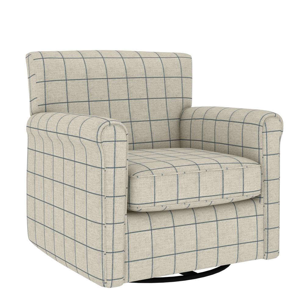 Handy Living Emilyn Woven Denim Blue Check Fabric Modern Rolled Arm Swivel Club Chair A159609 The Home Depot