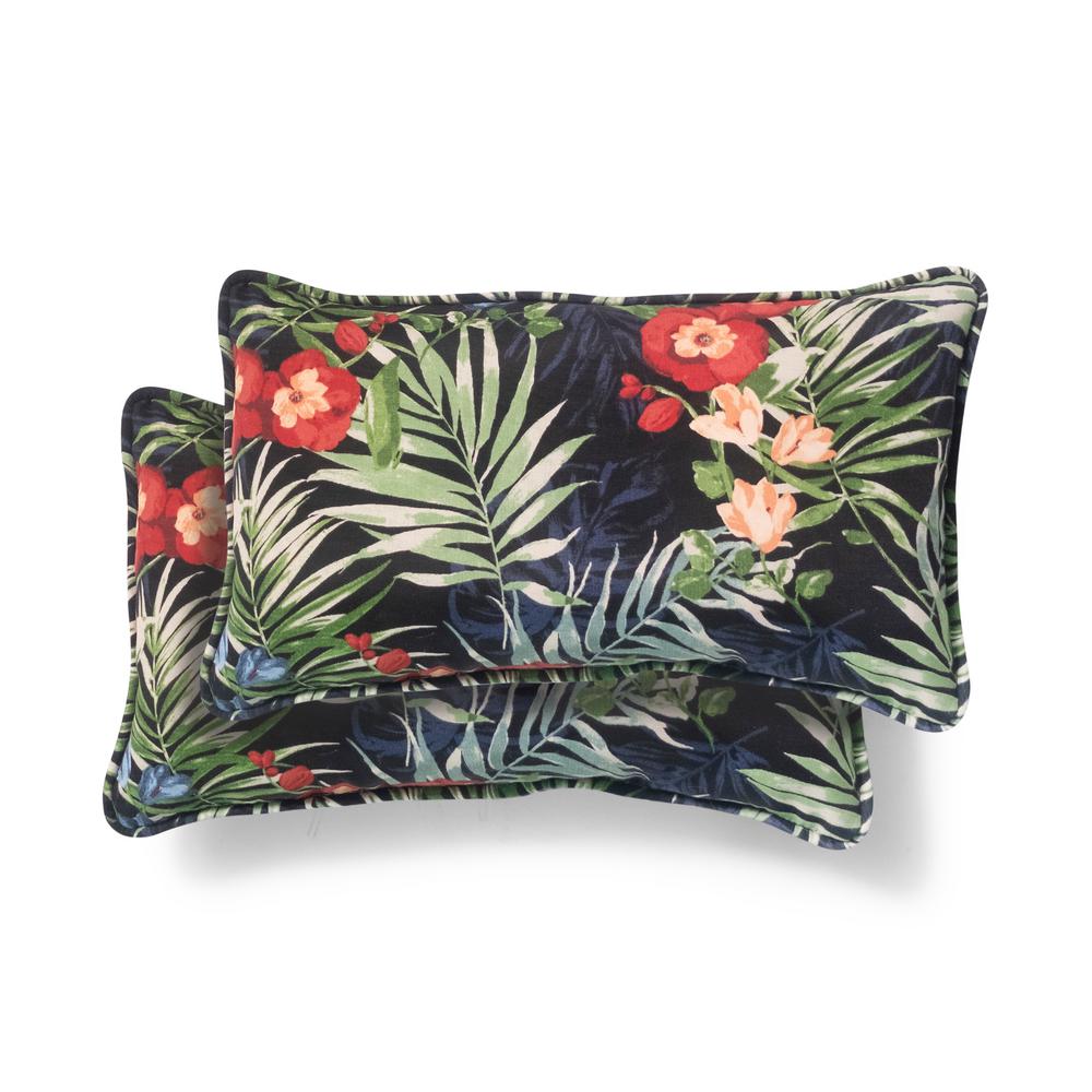 Hampton Bay Universal Black Tropical Outdoor Lumbar Pillow (2Pack