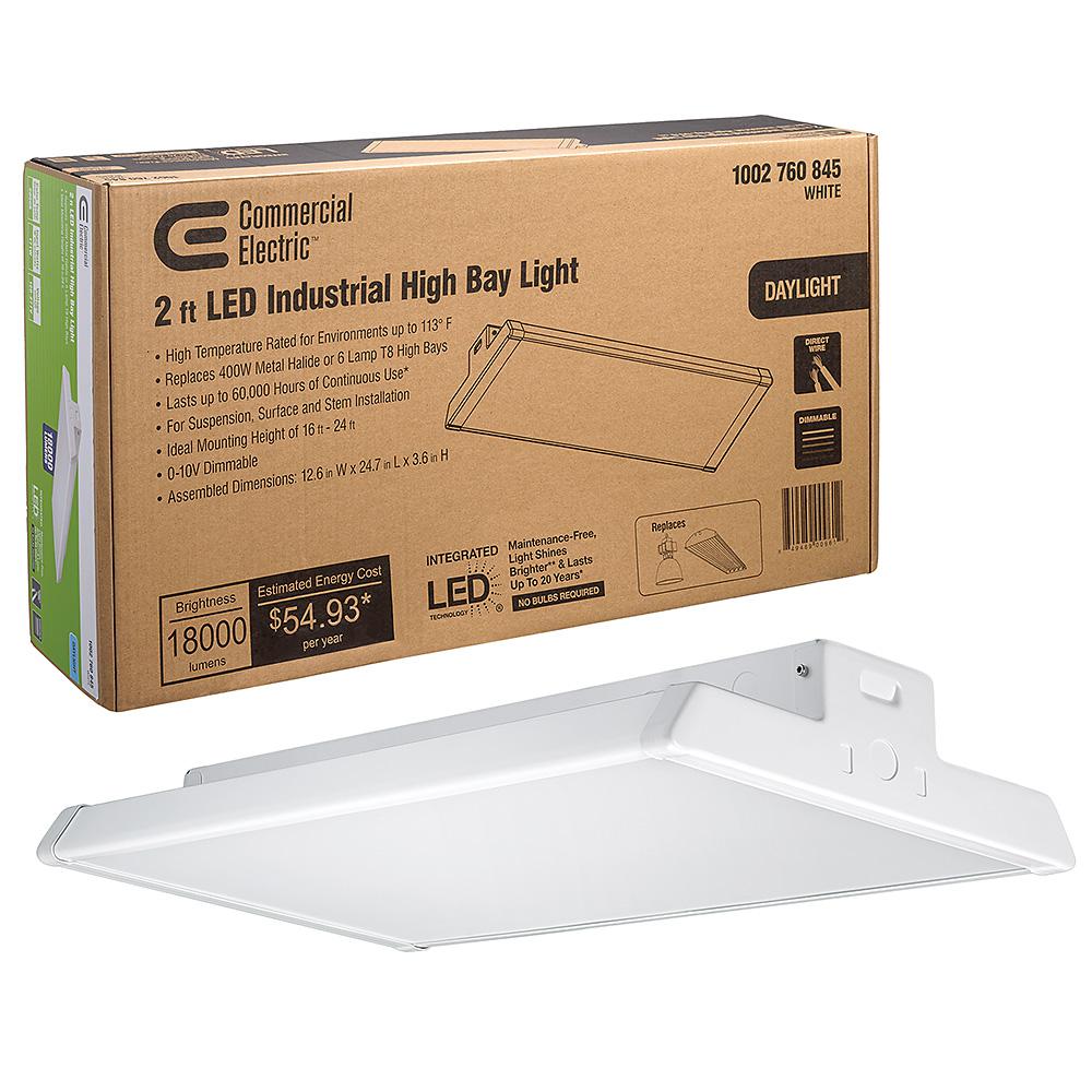 Commercial Electric 2 ft. 400-Watt Equivalent Integrated LED Dimmable White High Bay Light High Output 18,000 Lumens 5000K Daylight