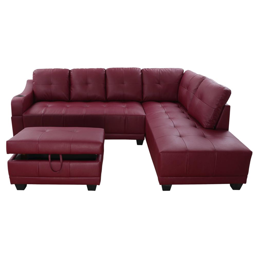 Star Home Living Bill 3 Piece Red Faux Leather 3 Seater L Shaped Left Facing Sectional Sofa With Ottoman Sh7303a The Home Depot