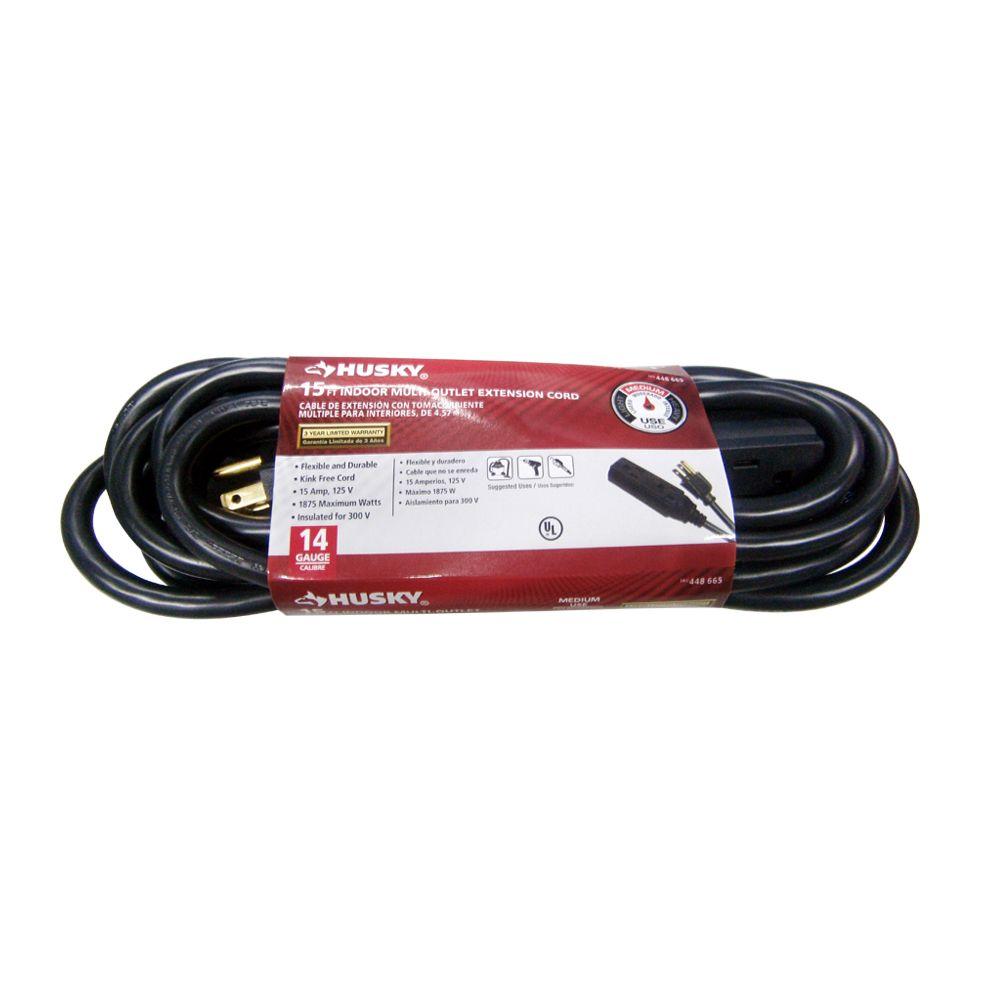 Husky 15 ft. 14/3 Indoor Multi Outlet Banana Tap Extension Cord, Black